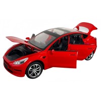 Masinuta metalica 20 cm, 1:24 Tesla Model 3, rosie, deschidere usi, lumini si sunet