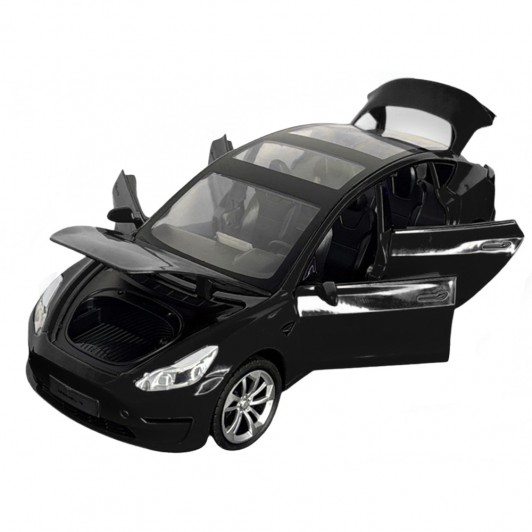 Masinuta metalica 20 cm, 1:24 Tesla Model 3, negru, deschidere usi, lumini si sunet