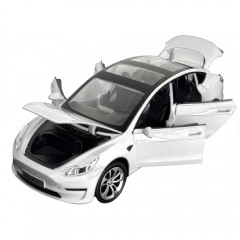 Masinuta metalica 20 cm 1:24 Tesla Model 3, alba, deschidere usi, capota, portbagaj, lumini si sunet