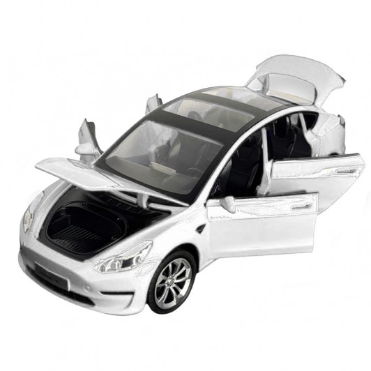 Masinuta metalica 20 cm 1:24 Tesla Model 3, alba, deschidere usi, capota, portbagaj, lumini si sunet