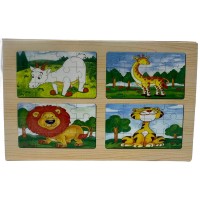 Puzzle din lemn pentru copii – 4 planșe cu animale, 12 piese fiecare, cutie cu închidere magnetică