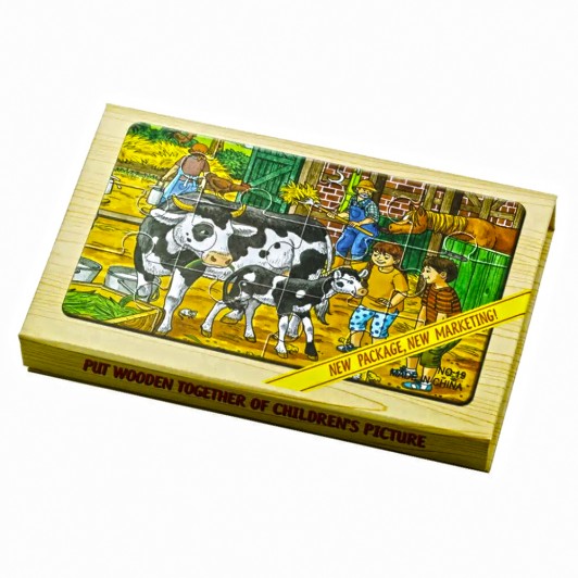 Puzzle din lemn pentru copii – 4 planșe cu animale din ferma x 12 piese, cutie închidere magnetică