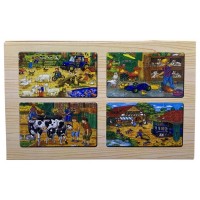 Puzzle din lemn pentru copii – 4 planșe cu animale din ferma x 12 piese, cutie închidere magnetică
