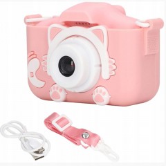 Aparat Foto Digital pentru Copii, Model Pisică, Foto/Video HD, Ecran 2”, Silicon Antisoc, Roz