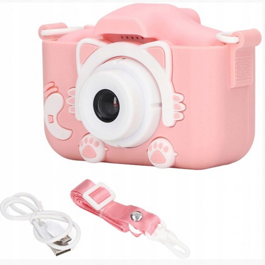 Aparat Foto Digital pentru Copii, Model Pisică, Foto/Video HD, Ecran 2”, Silicon Antisoc, Roz