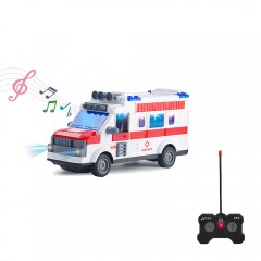 Ambulanță de jucărie cu telecomandă, lumini, sunete și uși mobile, 22 cm