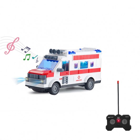 Ambulanță de jucărie cu telecomandă, lumini, sunete și uși mobile, 22 cm