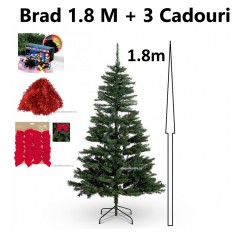 Brad artificial 1,8M + 3 cadouri : 12 fundite + 2 fire beteala + instalatie 100 leduri