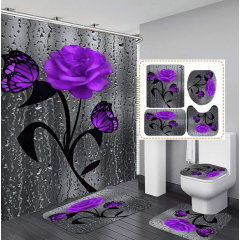 Set  baie 4 piese: perdea, covorase si husa de toaleta, TRANDAFIR MOV