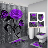 Set  baie 4 piese: perdea, covorase si husa de toaleta, TRANDAFIR MOV