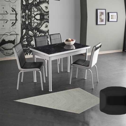 Set masa extensibila Negru Marmorat, Asos Home, MDF acoperit cu sticla,  4 scaune  piele ecologica
