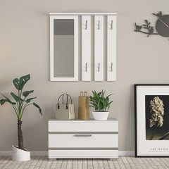 Cuier hol cu pantofar si oglinda, alb, 6 agatatori, dimensiuni 165 cm x 80 cm, CUIERHPTF