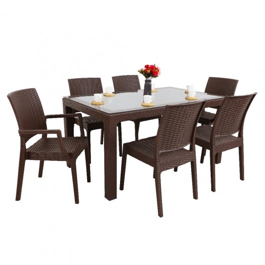 Set mobilier gradina - terasa, masa cu geam 90x150cm cu 6 scaune, plastic tip ratan, Bitter, Elite
