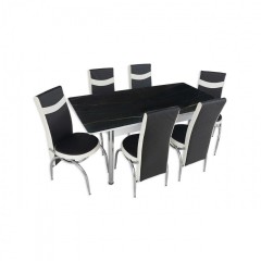 Set masa extensibila, negru marmorat, MDF sticla, 6 scaune textil, living/ bucatarie, picioare crom