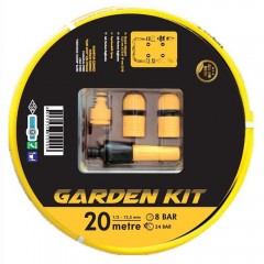 Kit furtun gradina galben 20 metri cu 4 accesorii, cupla, adaptor, pistoale de stropit, 1/2