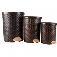 Set de 3 cosuri de gunoi cu pedala din plastic, XL-L-M, aspect ratan, maro