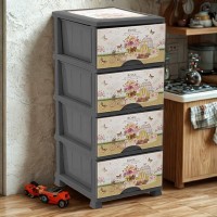 Dulap plastic cu 4 sertare, Rose Garden, pentru hol, baie si bucatarie, crem, 38x45x90 cm