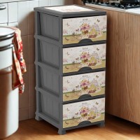 Dulap plastic cu 4 sertare, Rose Garden, pentru hol, baie si bucatarie, crem, 38x45x90 cm