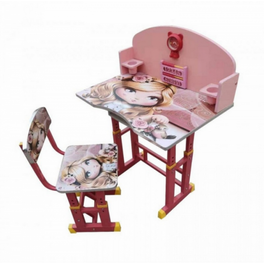 Birou cu scaune si sertar pentru copii, reglabile, printesa, roz
