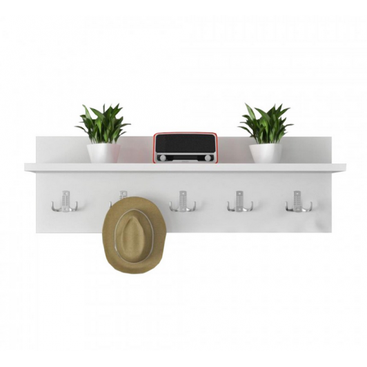 Cuier hol modern cu 5 agatatori si polita, ALB, 70x20cm