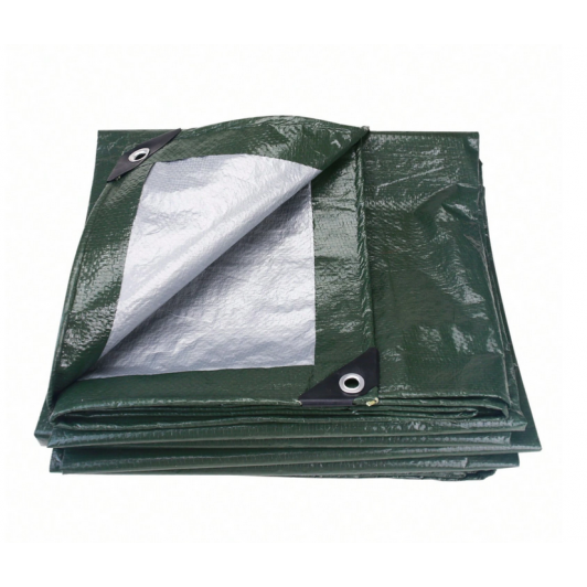 Prelata impermeabilă, 3 m x 4 m lungime, cu ochiuri metalice, 2 fete verde-gri, densitate 80 gr/mp