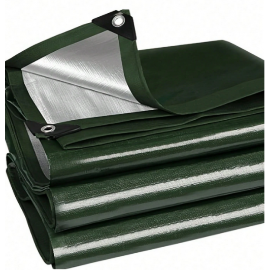 Prelata impermeabilă, 4 m x 6 m lungime, cu ochiuri metalice, 2 fete verde-gri, densitate 80 gr/mp