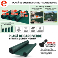 Plasa 90% umbrire, 1.7 m x 50 m lungime, cu Tiv si Ochiuri de prindere, Gratuit 100 Coliere Prindere