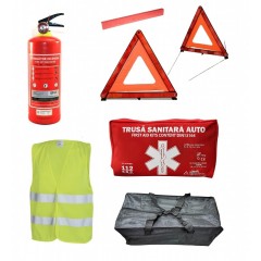 Kit Siguranta auto complet Omologat – Stingator 1KG, Trusa Medicala, 2 Triunghiuri, Vesta, Geanta