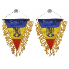 Set 2 steaguri auto Romania cu stema tip fanion cu ventuza de prindere pe geam, dimensiune 18 x 28cm