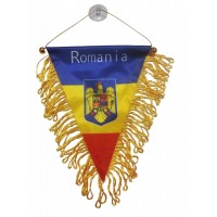 Set 2 steaguri auto Romania cu stema tip fanion cu ventuza de prindere pe geam, dimensiune 18 x 28cm