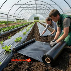 Folie neagra mulcire, perforata pentru legume, dimensiuni: latime 2 metri x lungime 50 metri