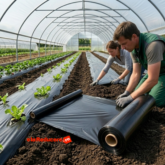 Folie neagra mulcire, perforata pentru legume, dimensiuni: latime 2 metri x lungime 50 metri