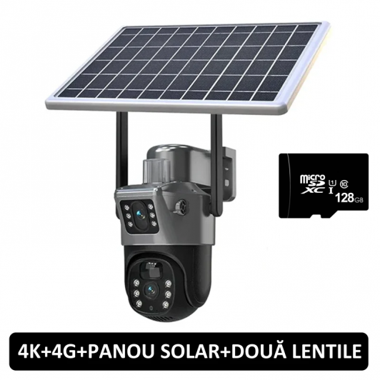 Camera supraveghere 4G dubla cu panou solar 6MP, card 128Gb inclus