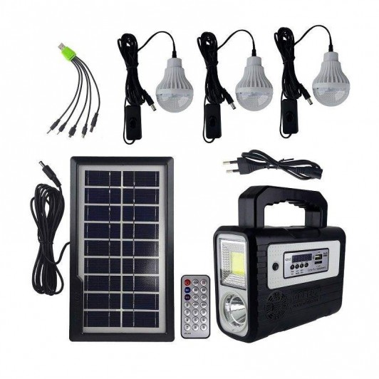 Kit panou solar 3 becuri LED radio digital afisaj incarcare telefon telecomanda bluetooth lanterne