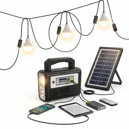 Kit panou solar 3 becuri LED radio digital afisaj incarcare telefon telecomanda bluetooth lanterne