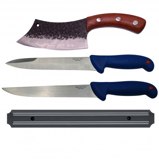 Set pentru macelarie  , cutite bucatarie, injunghiat si suport magnetic, otel inoxidabil