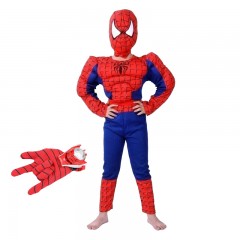 Set costum clasic Spiderman cu muschi , 7-9 ani, 120-130 cm, rosu si manusa cu discuri
