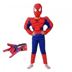 Set costum clasic Spiderman cu muschi , 5-7 ani, 110-120 cm, rosu si manusa cu ventuze