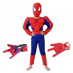 Set costum clasic Spiderman cu muschi , 3-5 ani, 100-110 cm, rosu, manusa ventuze si dis