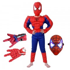 Set costum clasic Spiderman cu muschi , 7-9 ani, 120-130 cm, manusa ventuze, discuri si