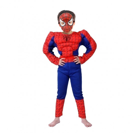 Set costum clasic Spiderman cu muschi , 3-5 ani, rosu si masca plastic