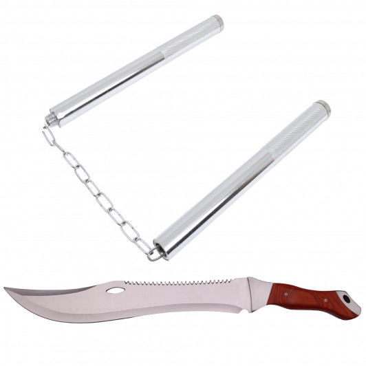 Set maceta de vanatoare Knife of Mind, otel inoxidabil, argintie, 46 cm si nunceag met Set maceta de vanatoare Knife of Mind, otel inoxidabil, argintie, 46 cm si nunceag met