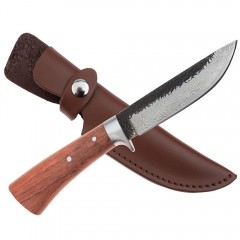 Cutit de vanatoare   Adventure Accuracy, otel damasc, 25 cm, maner lemn, maro, husa piel