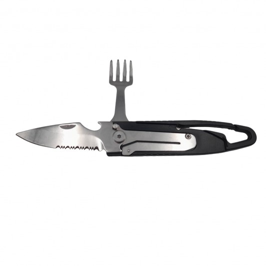 Set tacamuri pentru camping si drumetii  , cutit si furculita, tip briceag, 16 cm, negru