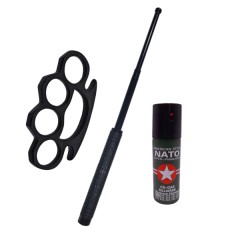 Set 3 accesorii autoaparare   , baston telescopic otel, 50 cm, box si spray paralizant iri
