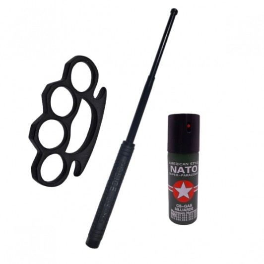 Set 3 accesorii autoaparare   , baston telescopic otel, 50 cm, box si spray paralizant iri