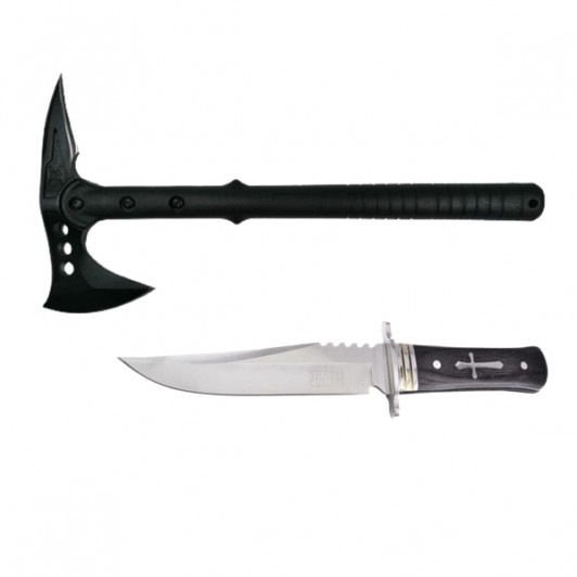 Set Topor Survivor 39 cm si Cutit de vanatoare 28 cm ,  negru ,husa inclusa