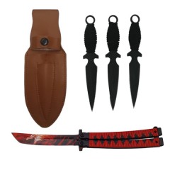 Set Briceag fluture de vanatoare si trei cutite de aruncat, Black Fury, otel inoxidabi