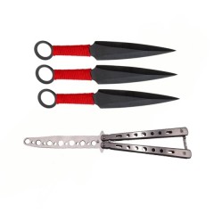 Set Briceag fluture de antrenament si trei cutite de aruncat, Ninja Way, DEPOX®, otel inoxidabil Set Briceag fluture de antrenament si trei cutite de aruncat, Ninja Way, DEPOX®, otel inoxidabil