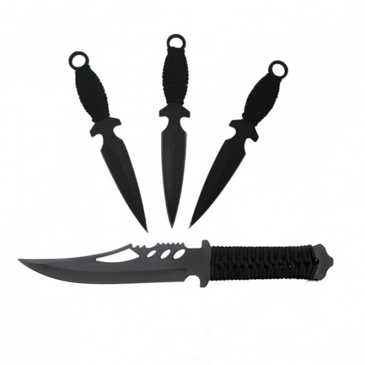 Set Cutit de vanatoare si trei cutite de aruncat, Black Fury, otel inoxidabil,teaca inc Set Cutit de vanatoare si trei cutite de aruncat, Black Fury, otel inoxidabil,teaca inc